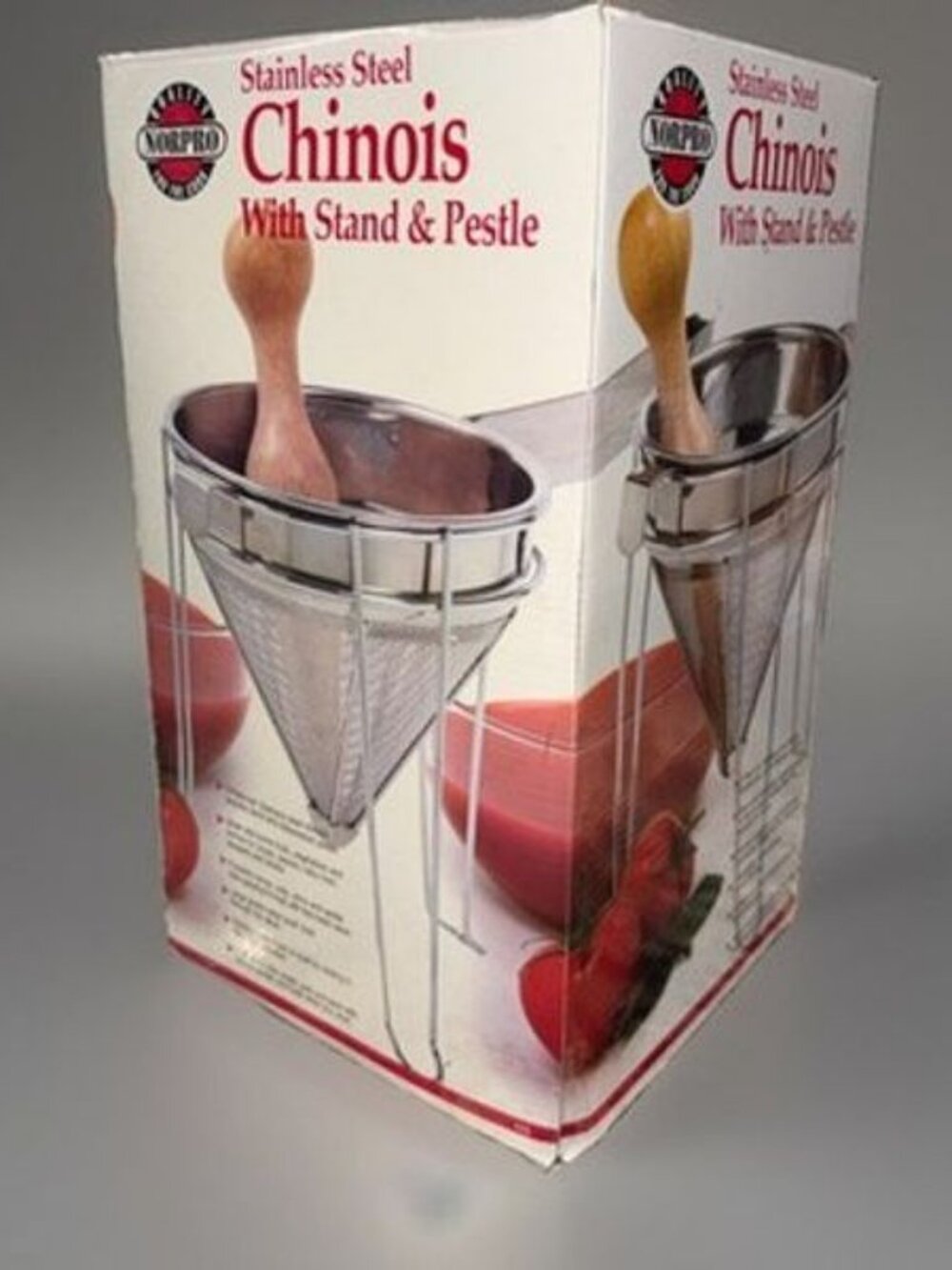 NIB Norpro Stainless Steel Chinois With Stand & Rubberwood Pestle, 3-Piece Set